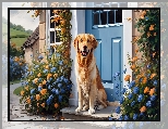 Dom, Golden retriever, Kwiaty, Pies, Niebieski, Drzwi